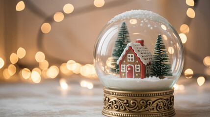 A delightful snow globe featuring a cozy gingerbread house and festive christmas trees
