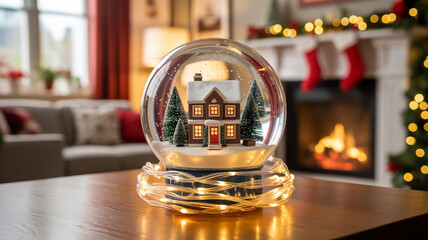 A festive snow globe with an illuminated miniature house sitting on a cozy christmas evening.