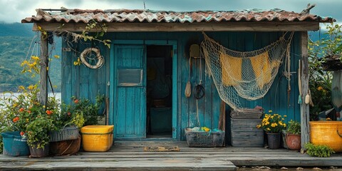 Wooden shack on dock with fishing nets, ropes, barrels, baskets, and small boat in forested cliffside setting. Generative by AI.