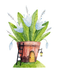 Hand painted a cute watercolor illustration of a pot with a door and a ladder, with blue flowers growing inside. Isolated on a white background.