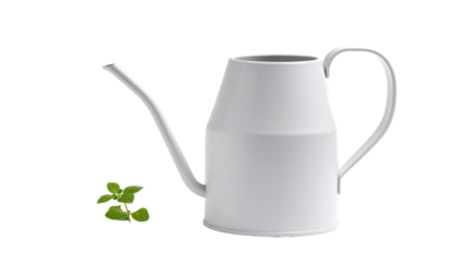 White Metal Watering Can With Long Spout And Green Plant Isolated On Transparent Background For Gardening And Home Decor Projects