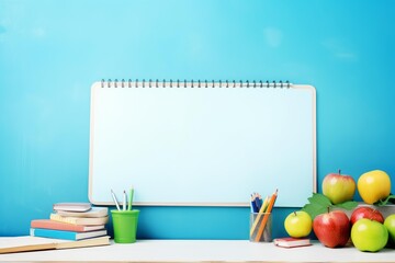 Student desk displaying educational supplies and fresh apples with vibrant blue background