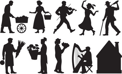 Silhouettes of people engaged in various activities and objects woman child