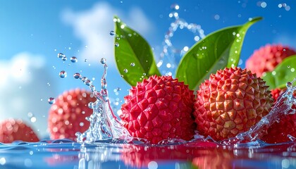 Close-up of fresh lychee fruit splashing into crystal clear water with lush green leaves under a bright blue sky and clouds