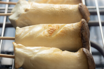 Grilled king oyster mushrooms or eryngii skewers on an electric grill.