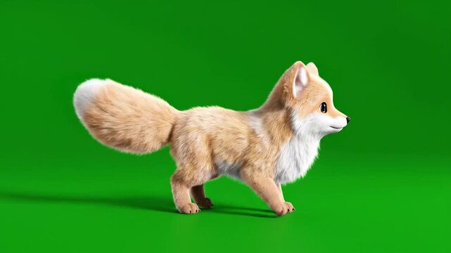 Animated cute fox walking on a green screen background, perfect for animation and storytelling.