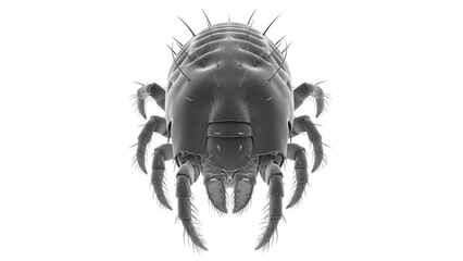 Scanning electron microscope image of a dust mite with sharp spines and segmented legs on a png isolated transparent background black background
