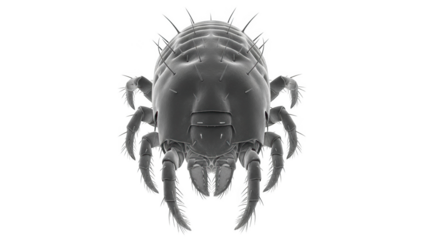 Scanning electron microscope image of a dust mite with sharp spines and segmented legs on a png isolated transparent background black background