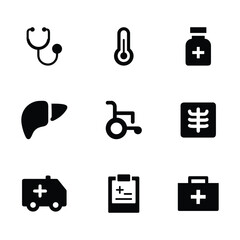 Set of Healthcare and Medical Icons. Containing Diagnostic Tools, Telemedicine and Hospital Equipment Illustrations
