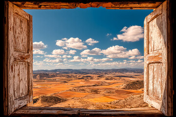 Spring view from a rustic window overlooking rolling hills and fields Generative AI