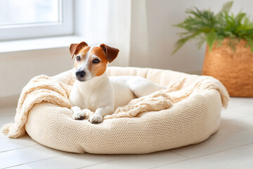 Comfortable dog resting in cozy corner with soft bedding and natural light Generative AI