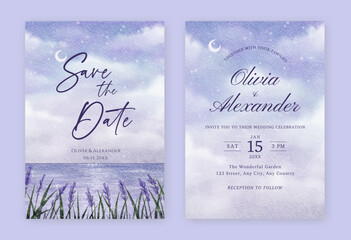 Wedding invitation set with watercolor night view and lavender. Set of wedding invitation template with watercolor landscape.