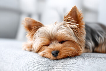Small dog resting peacefully on couch in cozy home setting Generative AI
