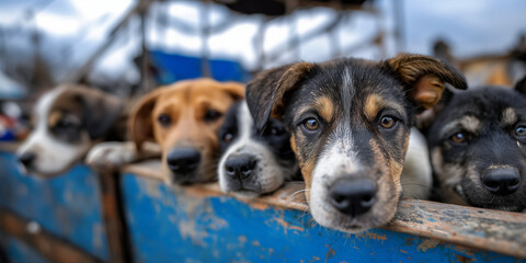 long shot of puppies behind the shelter fence, the puppies' expressive and curious faces looking out at a temporary outdoor pet adoption site