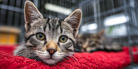 close-up portrait of a kitten in a cat pen at an animal shelter, several rescued cats in a spacious cage, space for text about adopted pets