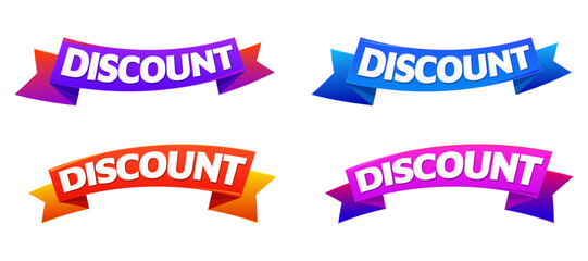 Set of four colorful 3D discount ribbon banners isolated