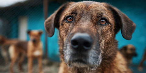portrait of a sad homeless dog at an animal shelter, a concept of animal care and the idea of adopting a pet