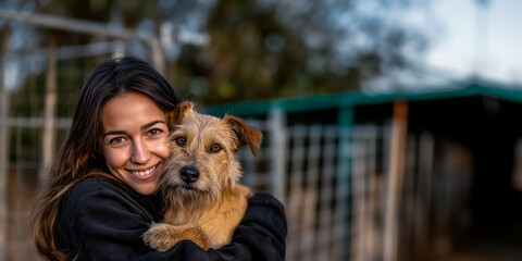 happy young woman with a warm smile hugs a fluffy terrier with a shaggy, friendly face while picking up a puppy from a shelter. Space for text about adopted pets