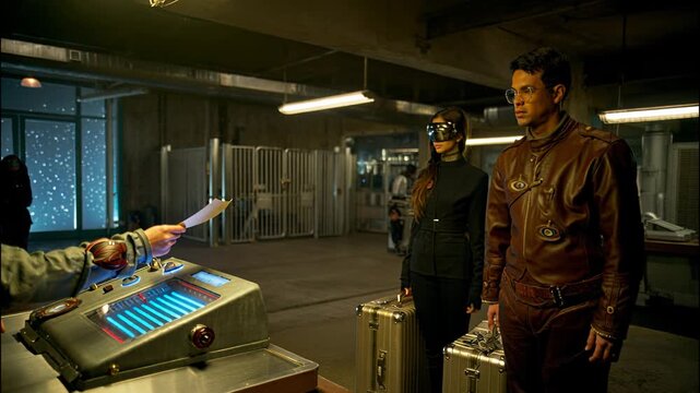 Cinematic medium shot of two characters standing before a futuristic control panel in a dimly lit, industrial setting. The first character, wearing a space suit, hands over a document while the second