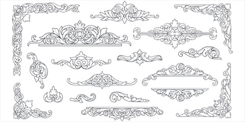 Ornate Scrollwork and Decorative Flourishes in Black Outline Keywords: scrollwork, flourish, ornate, decorative, vintage
