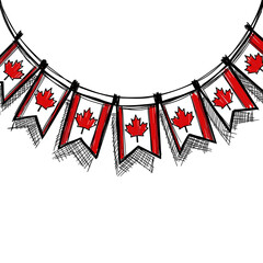 Hand drawn Canadian bunting with red maple leaf flags hanging on string, festive patriotic decoration for Canada Day celebration with copy space, isolated on white background