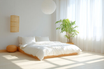 Minimalist bedroom with natural light and simple decor design Generative AI