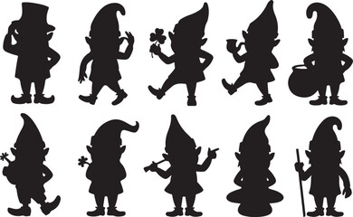Silhouettes of ten playful gnomes or elves in various poses with shamrocks and smoking pipes leprechaun