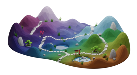 Stylized Low Poly Zen Garden with Mountains and Winding Stone Paths Landscape