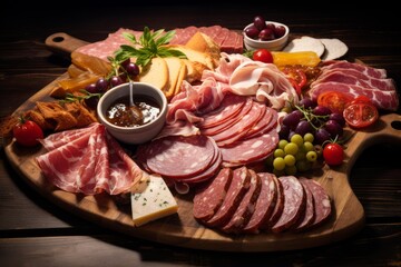 Wooden charcuterie board displaying assorted cured meats, different cheeses, fruits, and bread for an appetizer