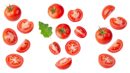 assortment of ripe red tomatoes and a green leaf, scattered and isolated on a pure transparent background, vibrant fresh produce photography.