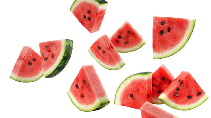 juicy watermelon slices floating against a transparent background, refreshing summer fruit wedges. © Theresa
