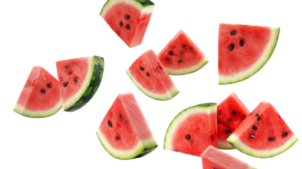 juicy watermelon slices floating against a transparent background, refreshing summer fruit wedges.