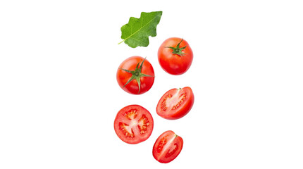 Fototapeta premium fresh red tomato, a green leaf, and sliced tomato pieces in a dynamic arrangement against a black void, vibrant produce and culinary photography.