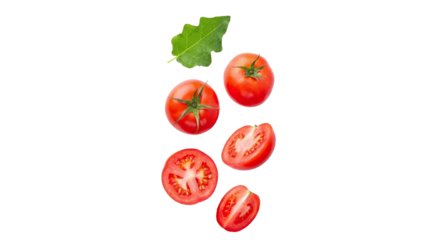 fresh red tomato, a green leaf, and sliced tomato pieces in a dynamic arrangement against a black void, vibrant produce and culinary photography.