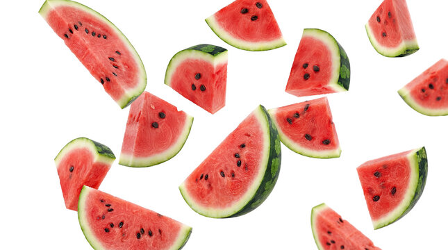juicy watermelon slices scattered in mid-air against a transparent background, refreshing summer fruit.