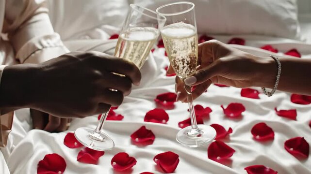 african american couple holding champagne glasses in bed with red rose petals. romantic surprise on white silk sheets. st. valentine's day celebration. love and honeymoon concept.