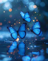 Cinematic close-up of blue butterflies hovering above water at twilight, mirrored reflections below, floating light particles, soft focus background, serene and mystical fantasy scene.
