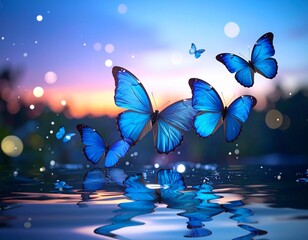 Cinematic close-up of blue butterflies hovering above water at twilight, mirrored reflections below, floating light particles, soft focus background, serene and mystical fantasy scene.