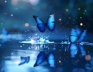 Cinematic close-up of blue butterflies hovering above water at twilight, mirrored reflections below, floating light particles, soft focus background, serene and mystical fantasy scene.