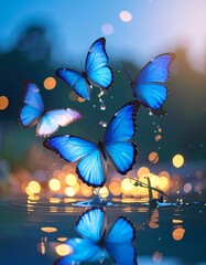 Cinematic close-up of blue butterflies hovering above water at twilight, mirrored reflections below, floating light particles, soft focus background, serene and mystical fantasy scene.