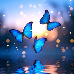 Cinematic close-up of blue butterflies hovering above water at twilight, mirrored reflections below, floating light particles, soft focus background, serene and mystical fantasy scene.