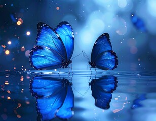 Cinematic close-up of blue butterflies hovering above water at twilight, mirrored reflections below, floating light particles, soft focus background, serene and mystical fantasy scene.