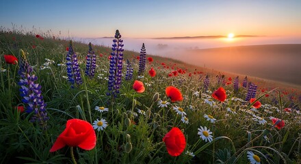 Vibrant wildflowers bloom in a meadow at sunrise, creating a picturesque scene.