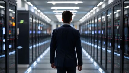 Businessman walking through modern server room or data center - Powered by Adobe