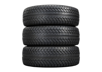 Stack of four black tires with modern tread patterns on black background