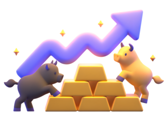 Bull and bear market symbols pushing gold bars with rising arrow