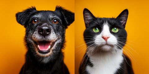 close-up double portrait of a funny dog and cat against a bright yellow background, a poster promoting adopting a pet