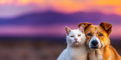 poster with a bright neon background featuring a homeless reddish-colored dog and a snow-white homeless cat with pale amber eyes, copy space for advertising adoption of a pet from a nursery