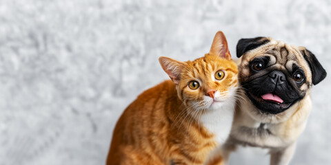 poster with a pug and ginger cat, a top view of cute pets, a copy space for a veterinarian and healthy nutrition ad, a pet adoption concept