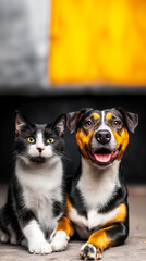 Vertical portrait of adopted pets, copy space for advertising a nursery and acquiring a pet for friendship and mental health